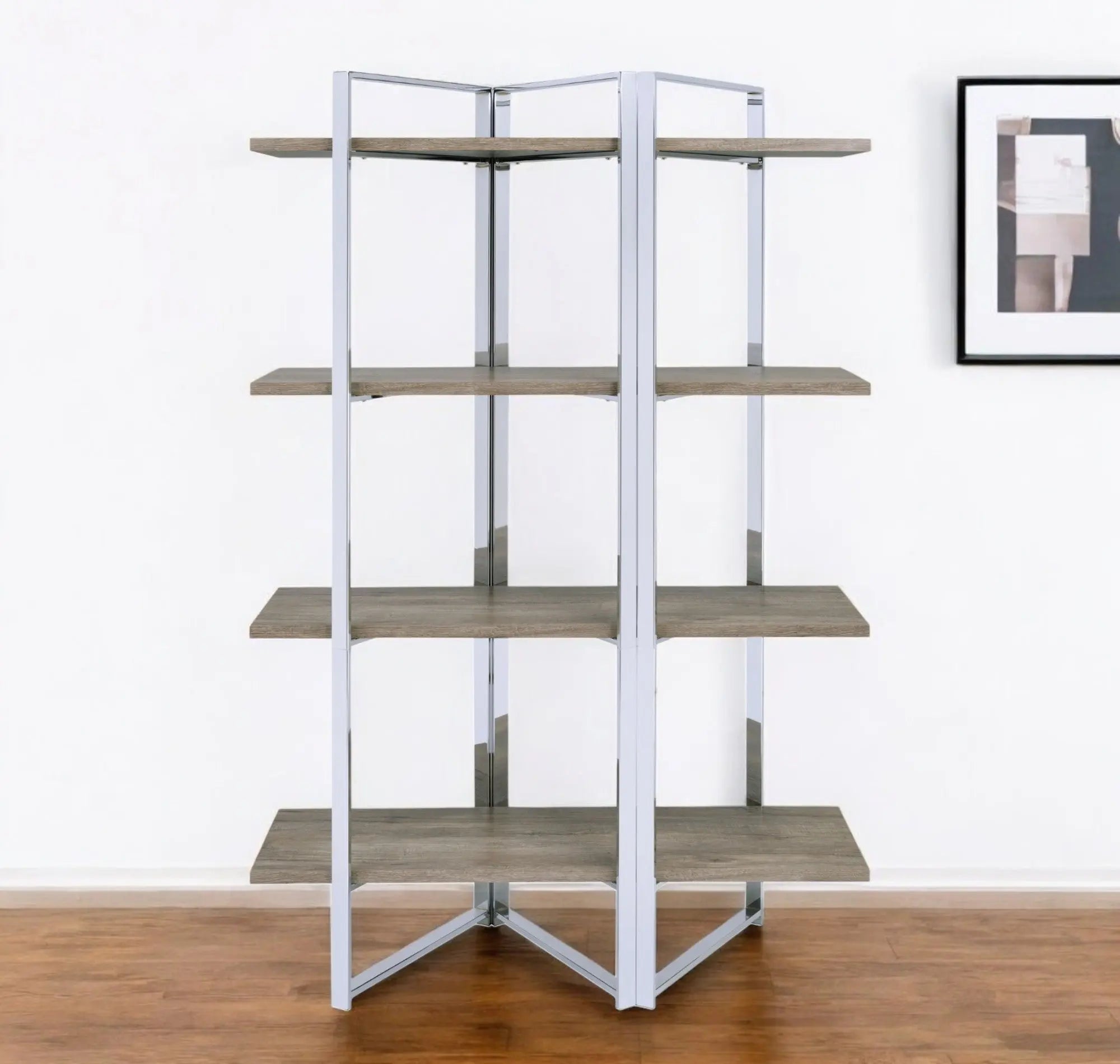 72" Natural And Silver Metal and Wood Four Tier Etagere Bookcase Homeroots Office