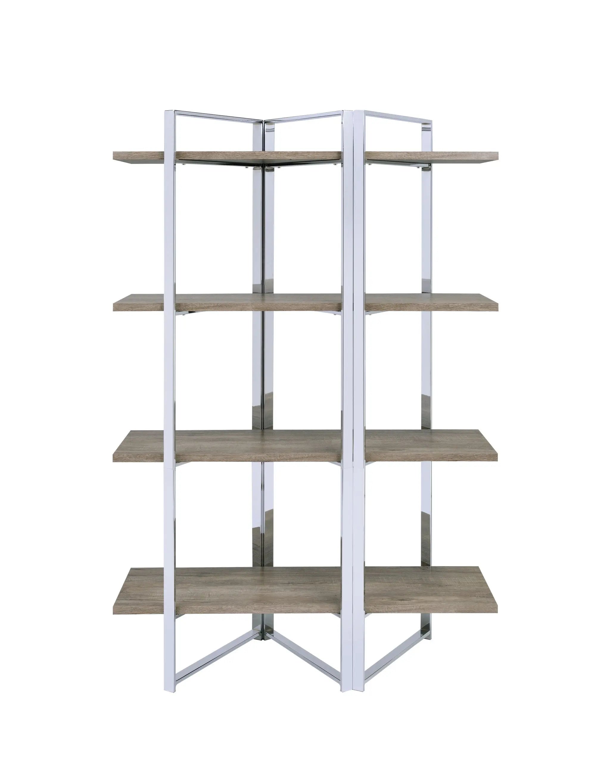 72" Natural And Silver Metal and Wood Four Tier Etagere Bookcase Homeroots Office