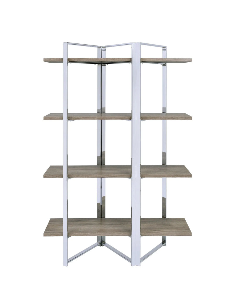 72" Natural And Silver Metal and Wood Four Tier Etagere Bookcase Homeroots Office