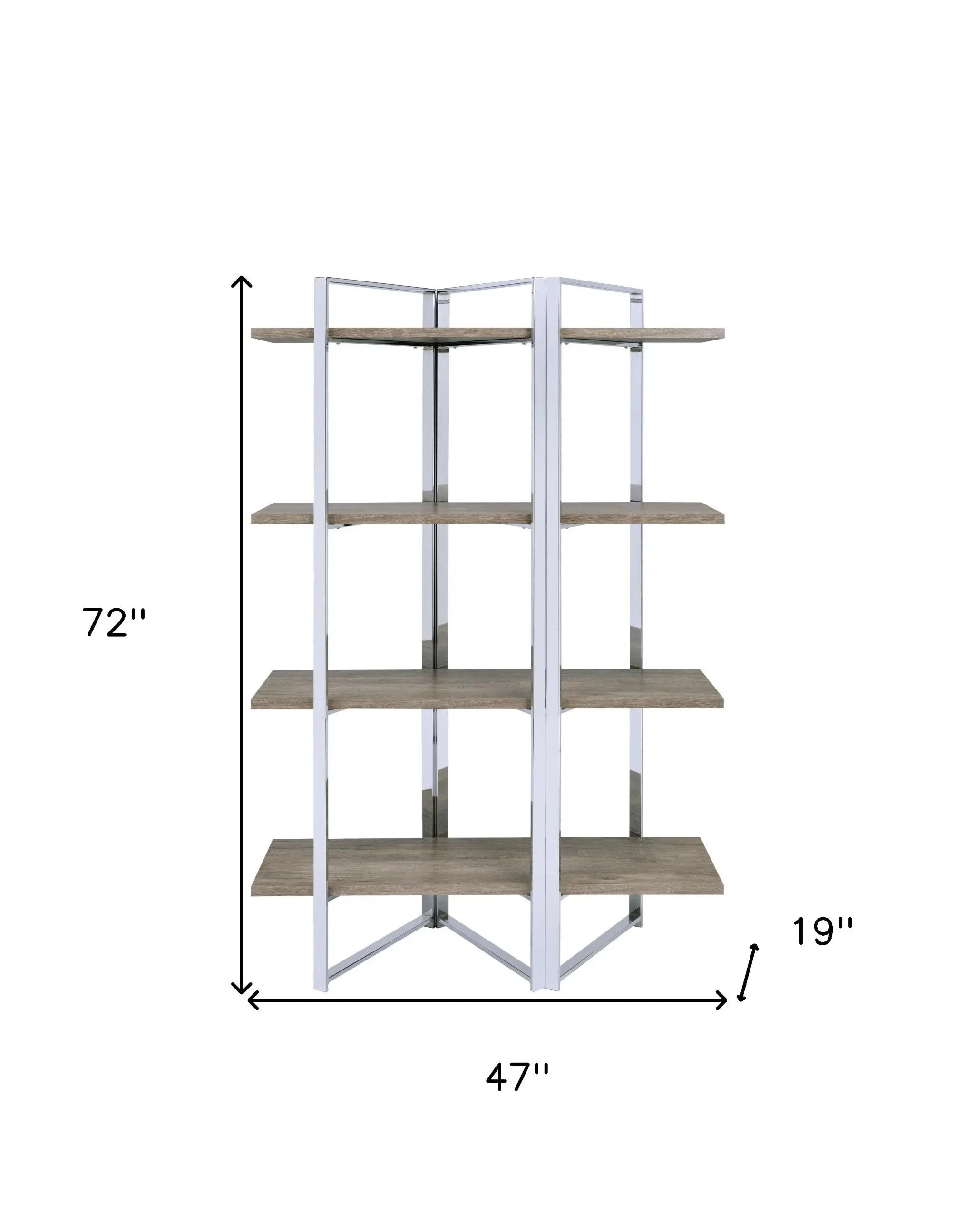 72" Natural And Silver Metal and Wood Four Tier Etagere Bookcase Homeroots Office