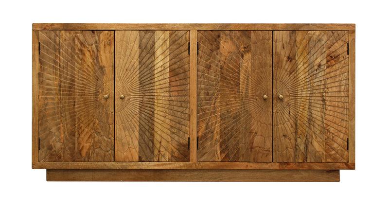 72" Natural Distressed Solid Wood Carved Geometric Sideboard with Four Doors Homeroots Kitchen & Dining