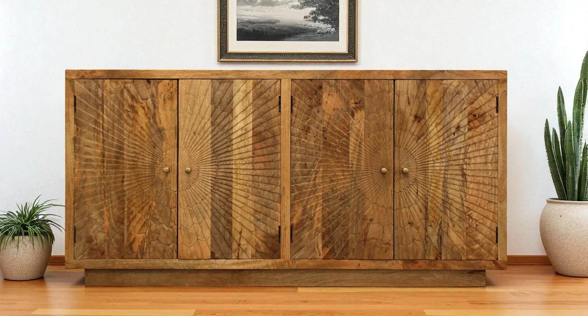 72" Natural Distressed Solid Wood Carved Geometric Sideboard with Four Doors Homeroots Kitchen & Dining