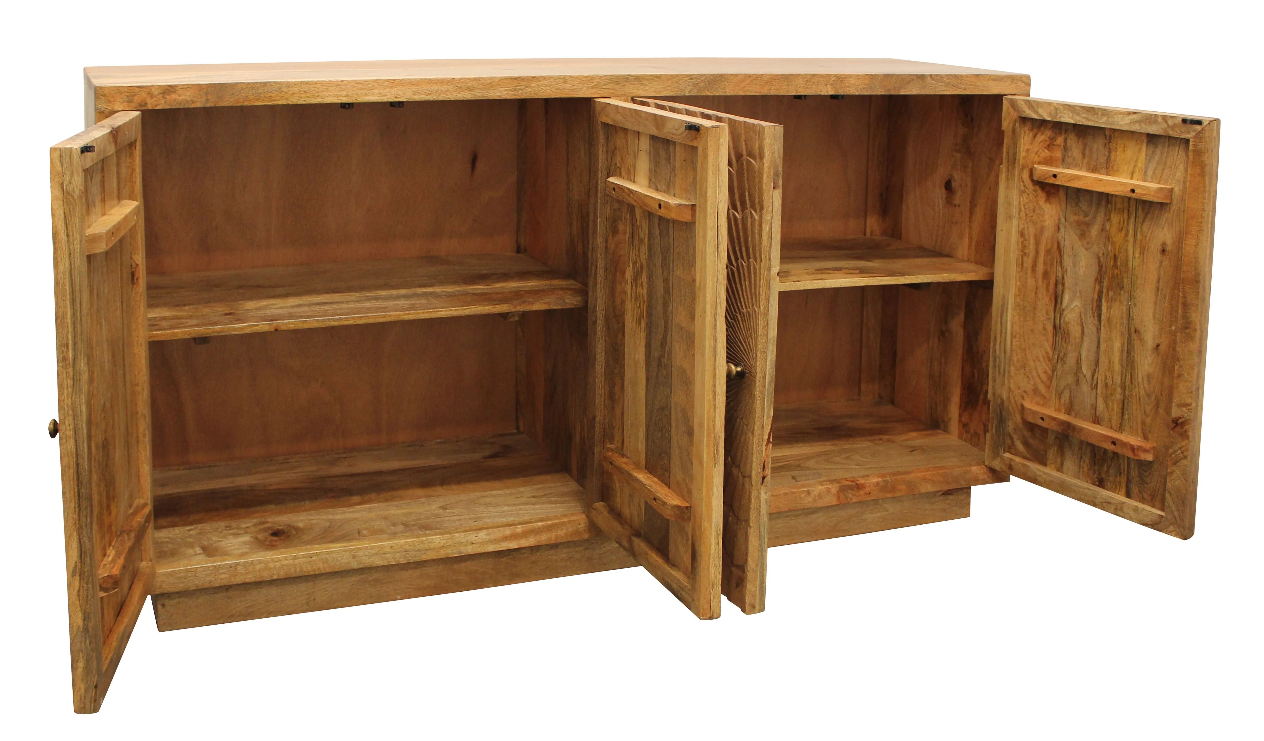 72" Natural Distressed Solid Wood Carved Geometric Sideboard with Four Doors Homeroots Kitchen & Dining