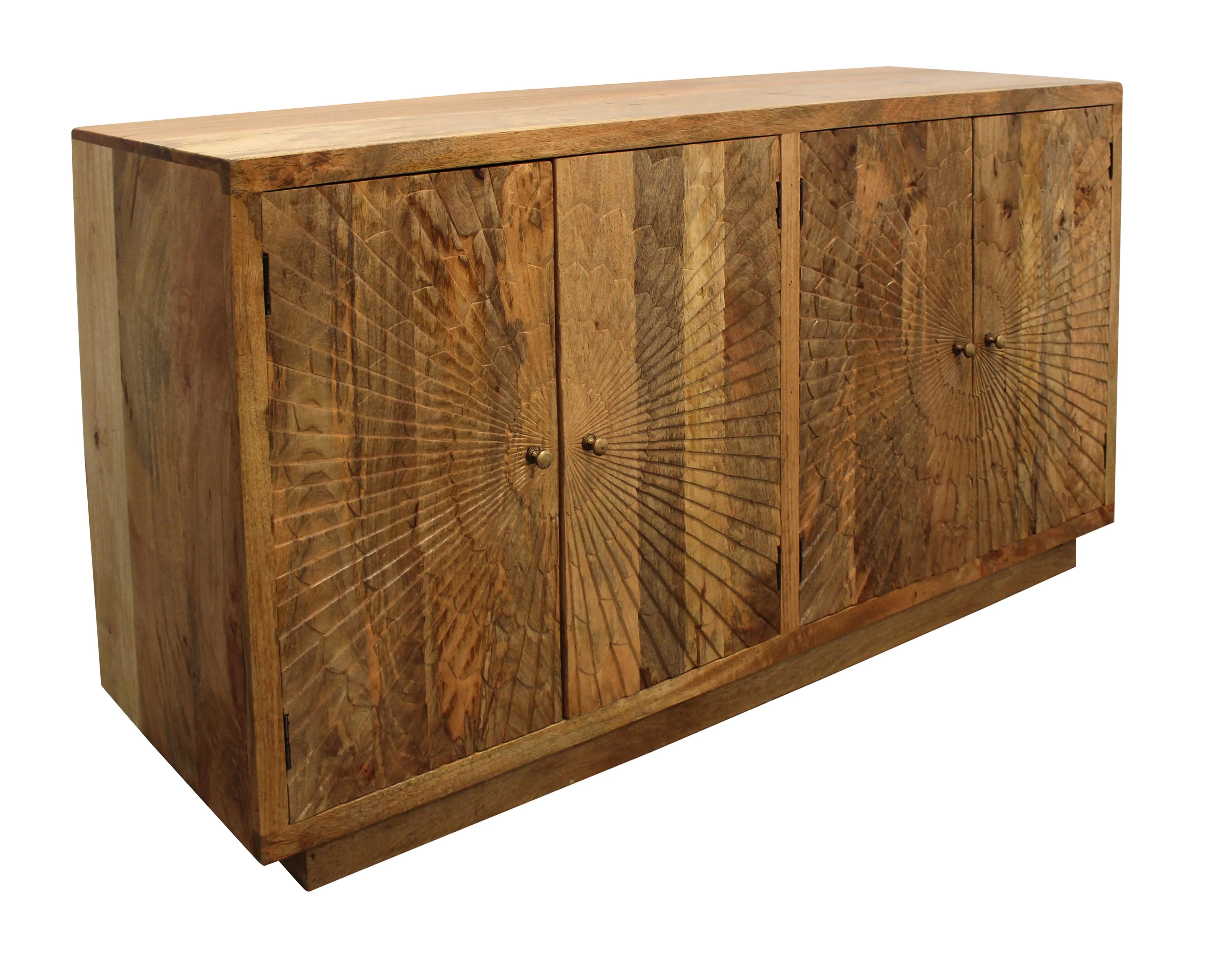 72" Natural Distressed Solid Wood Carved Geometric Sideboard with Four Doors Homeroots Kitchen & Dining