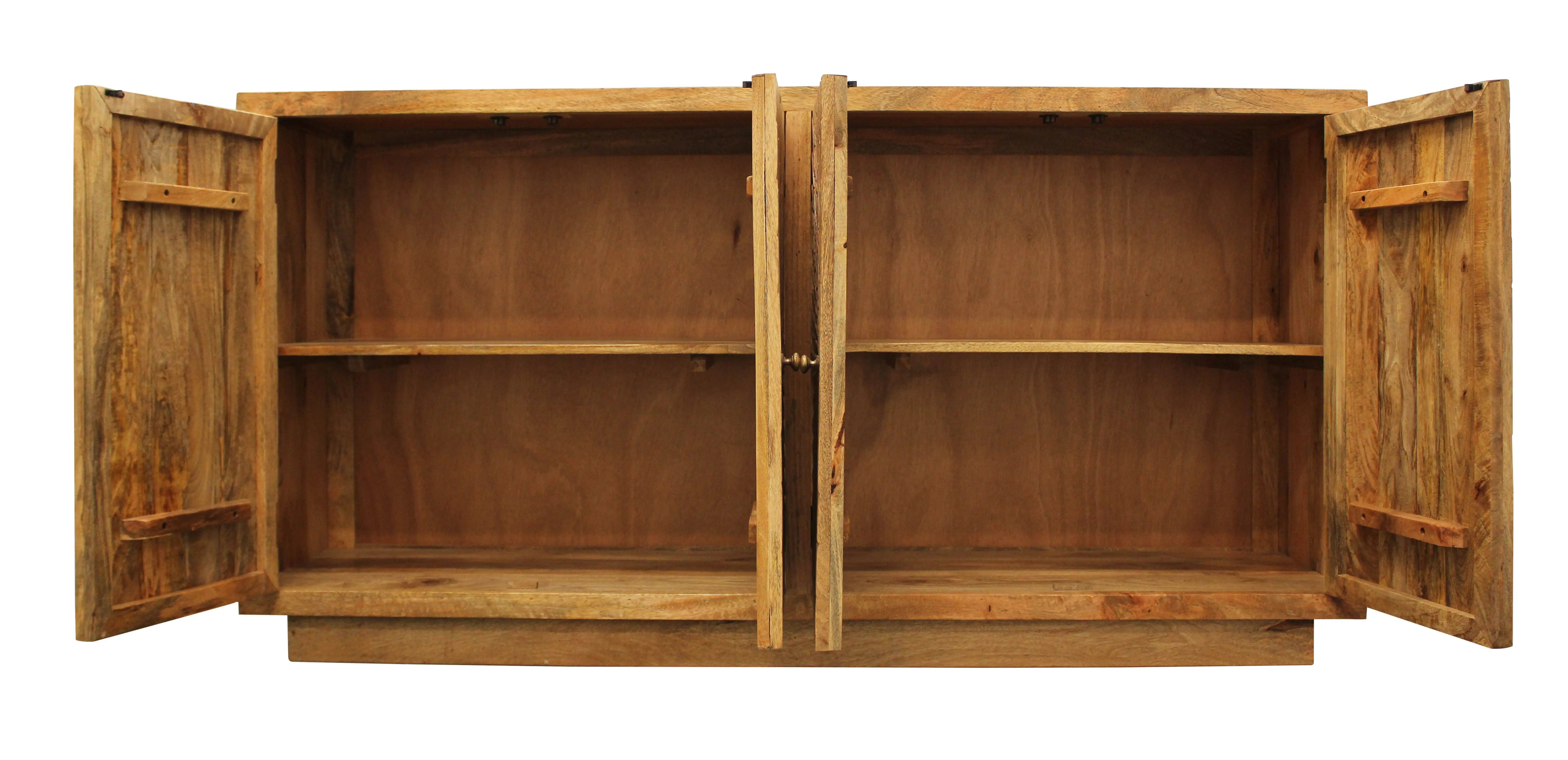 72" Natural Distressed Solid Wood Carved Geometric Sideboard with Four Doors Homeroots Kitchen & Dining