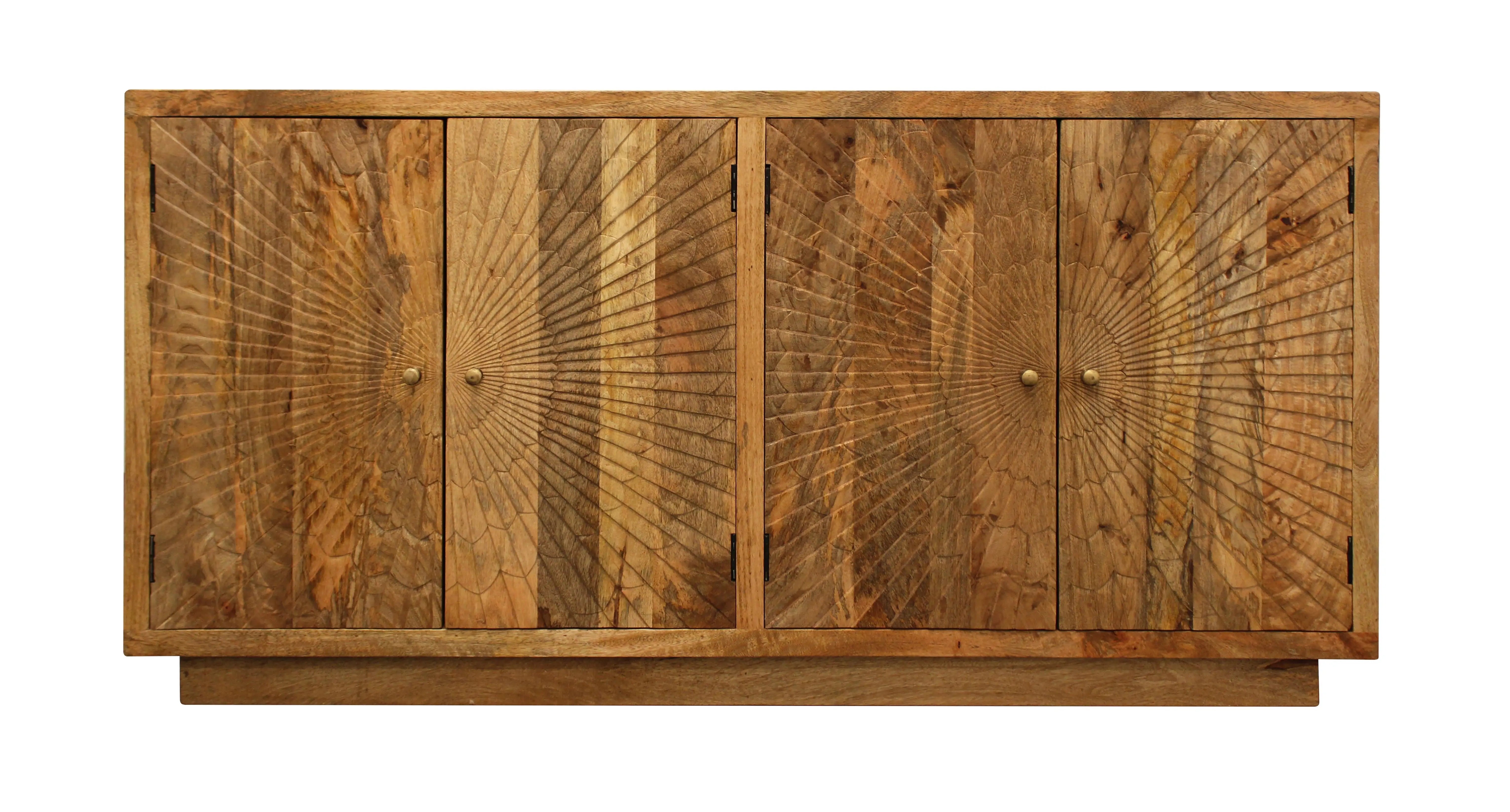 72" Natural Distressed Solid Wood Carved Geometric Sideboard with Four Doors Homeroots Kitchen & Dining