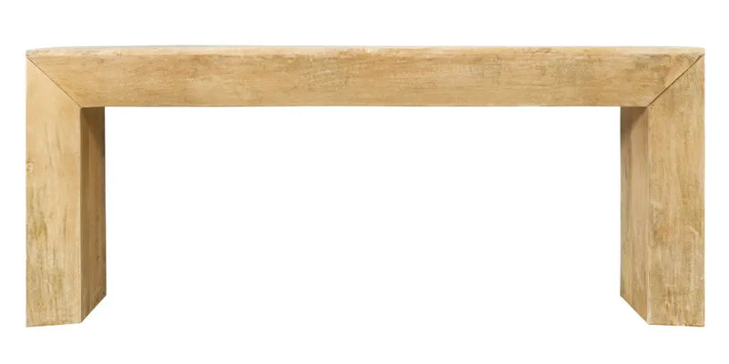 Natural wood console table with a minimalist design, featuring a rustic light beige finish and angular legs.