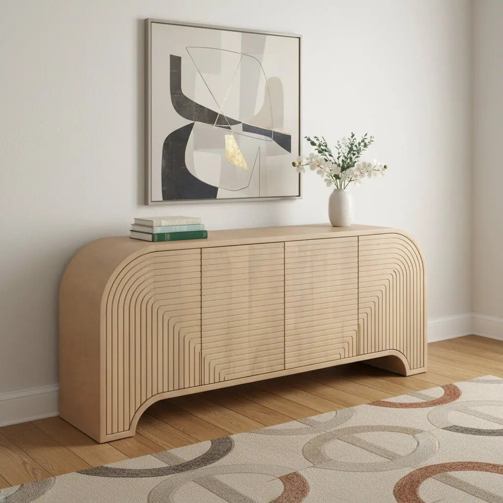72" Natural Solid Wood Ribbed Texture Sideboard With Four Doors Homeroots Kitchen & Dining