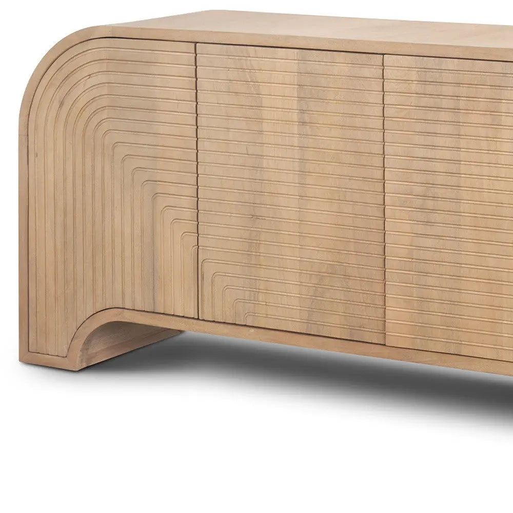 72" Natural Solid Wood Ribbed Texture Sideboard With Four Doors Homeroots Kitchen & Dining