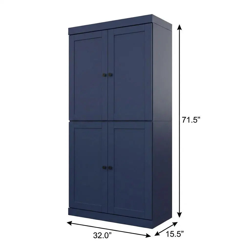 72" Navy Blue Solid Wood Adjustable Six Tier Library Bookcase with Four Doors Homeroots Office