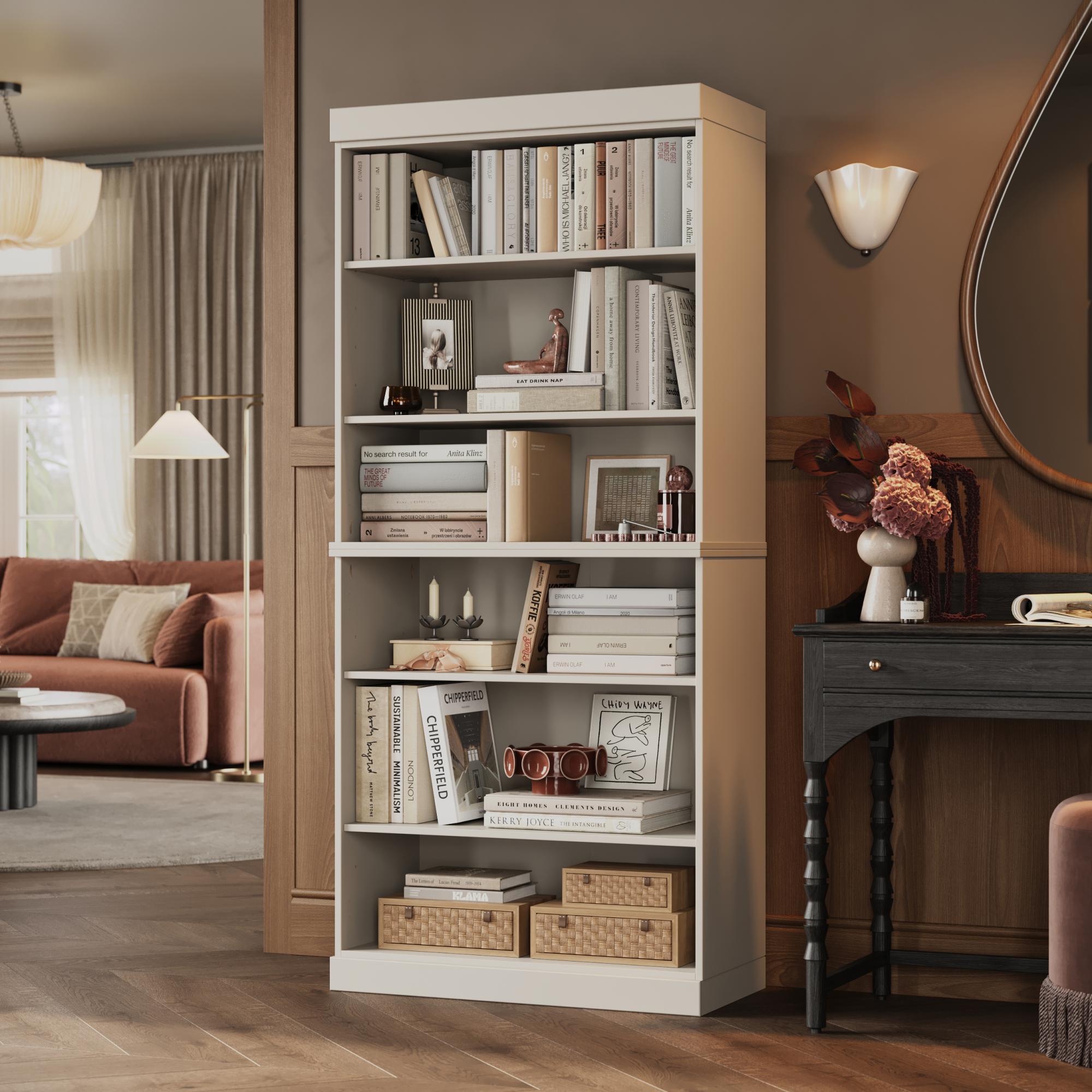 72" Off White Solid Wood Adjustable Six Tier Library Bookcase Homeroots Office
