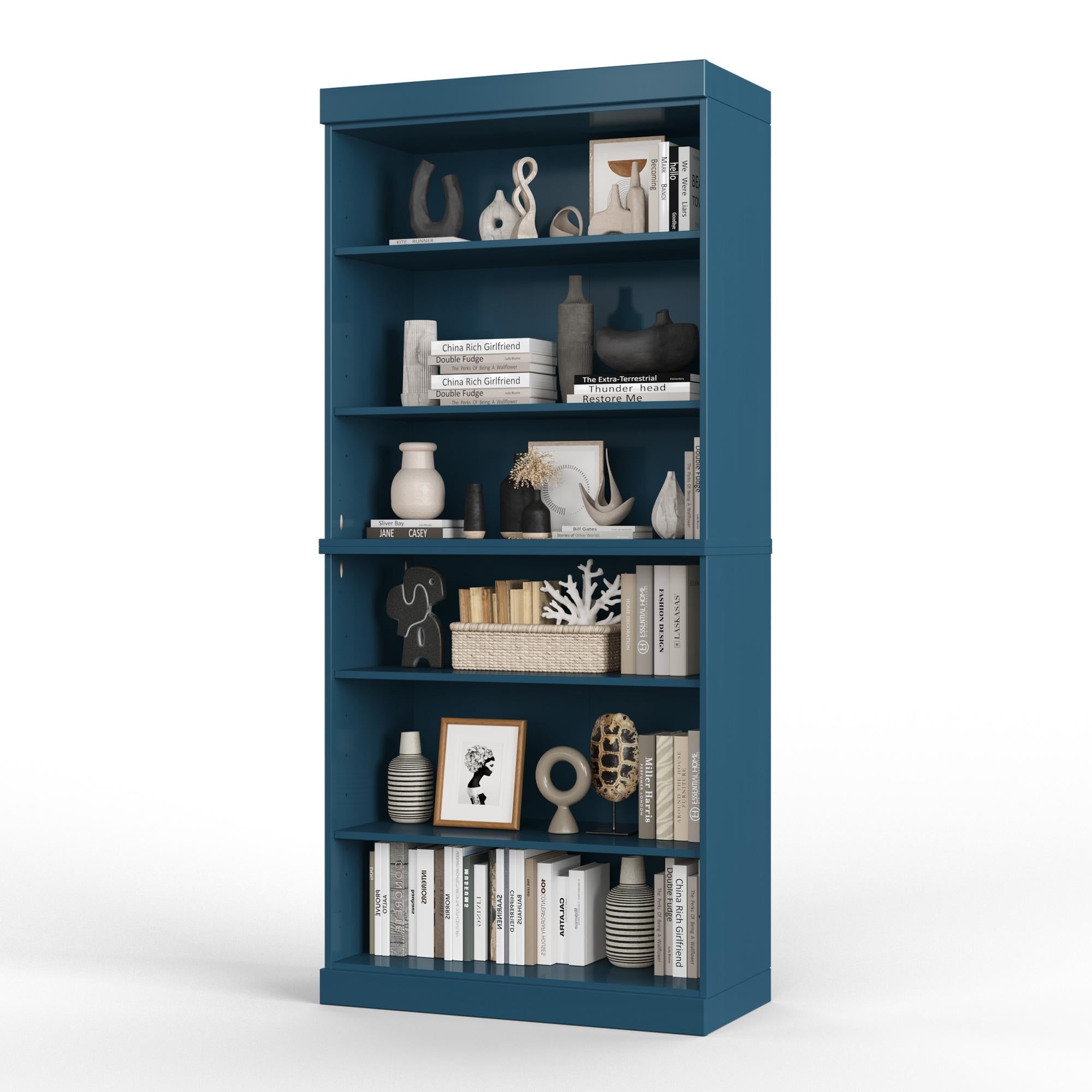 72" Teal Blue Solid Wood Adjustable Six Tier Library Bookcase Homeroots Office