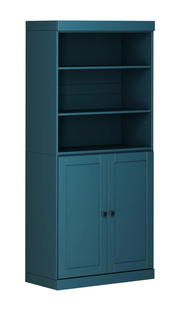 72" Teal Blue Solid Wood Adjustable Six Tier Library Bookcase with Two Doors Homeroots Office