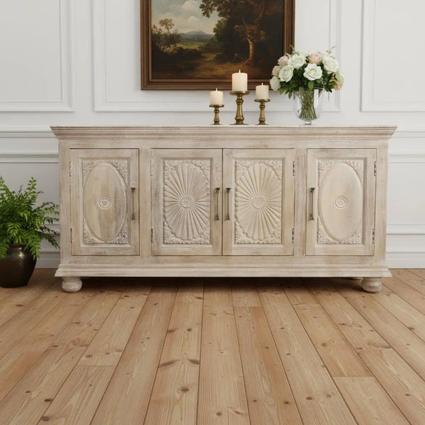 73" Antiqued White Distressed Solid Wood Carved Floral Sideboard with Four Doors Homeroots Kitchen & Dining