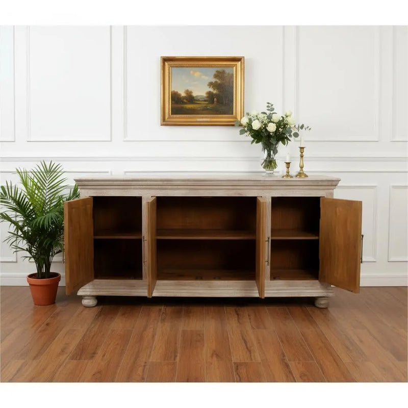 73" Antiqued White Distressed Solid Wood Carved Floral Sideboard with Four Doors Homeroots Kitchen & Dining