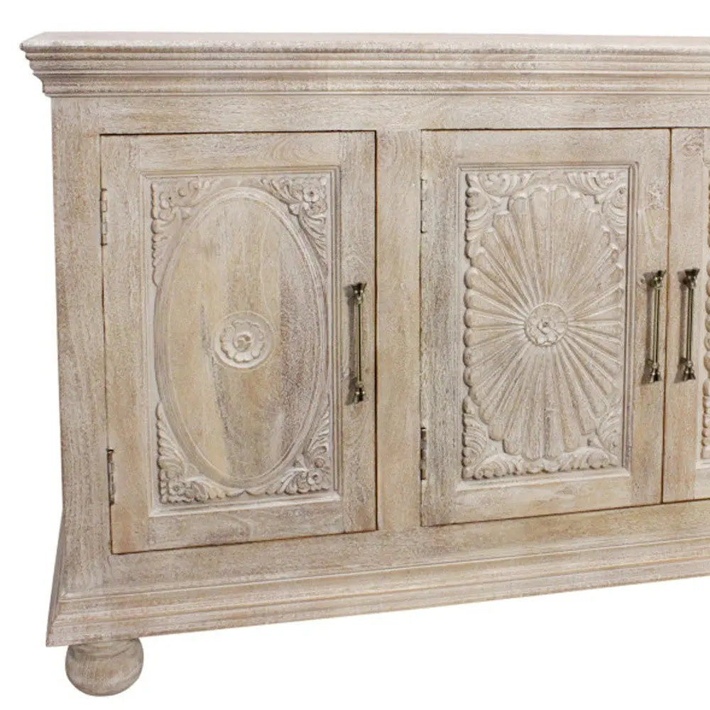 73" Antiqued White Distressed Solid Wood Carved Floral Sideboard with Four Doors Homeroots Kitchen & Dining