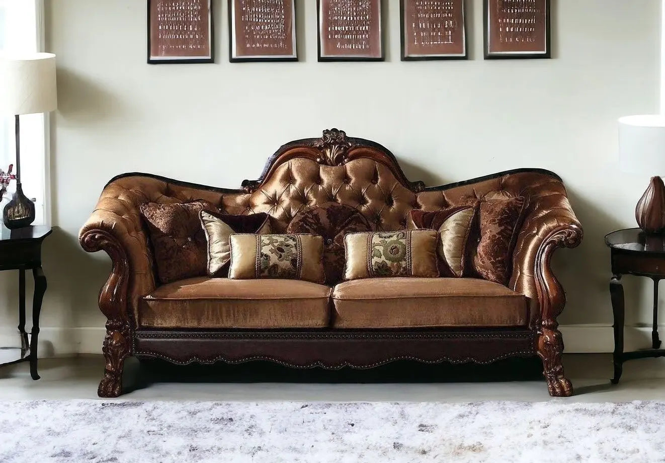 73" Dark Brown And Brown Velvet Loveseat and Toss Pillows Homeroots Living Room