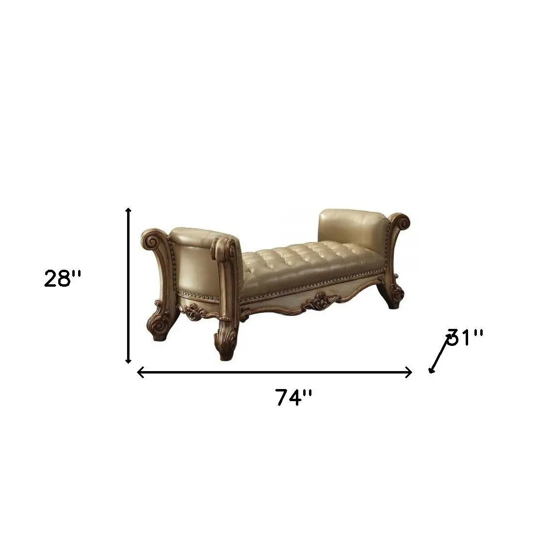 74" Bone and Gold Tufted Faux Leather Upholstered Bench Homeroots Living Room