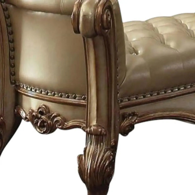 74" Bone and Gold Tufted Faux Leather Upholstered Bench Homeroots Living Room