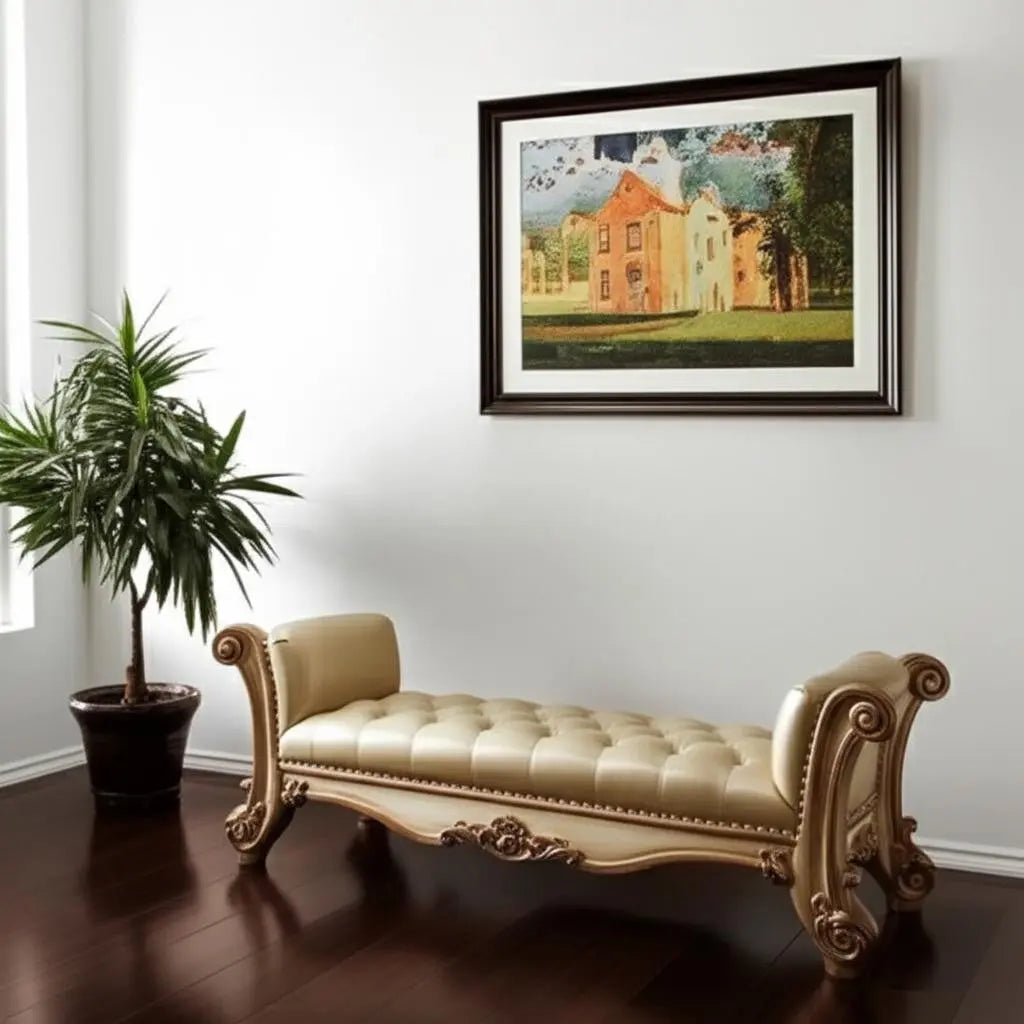 74" Bone and Gold Tufted Faux Leather Upholstered Bench Homeroots Living Room