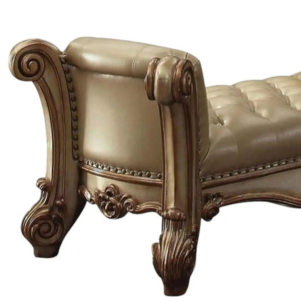 74" Bone and Gold Tufted Faux Leather Upholstered Bench Homeroots Living Room