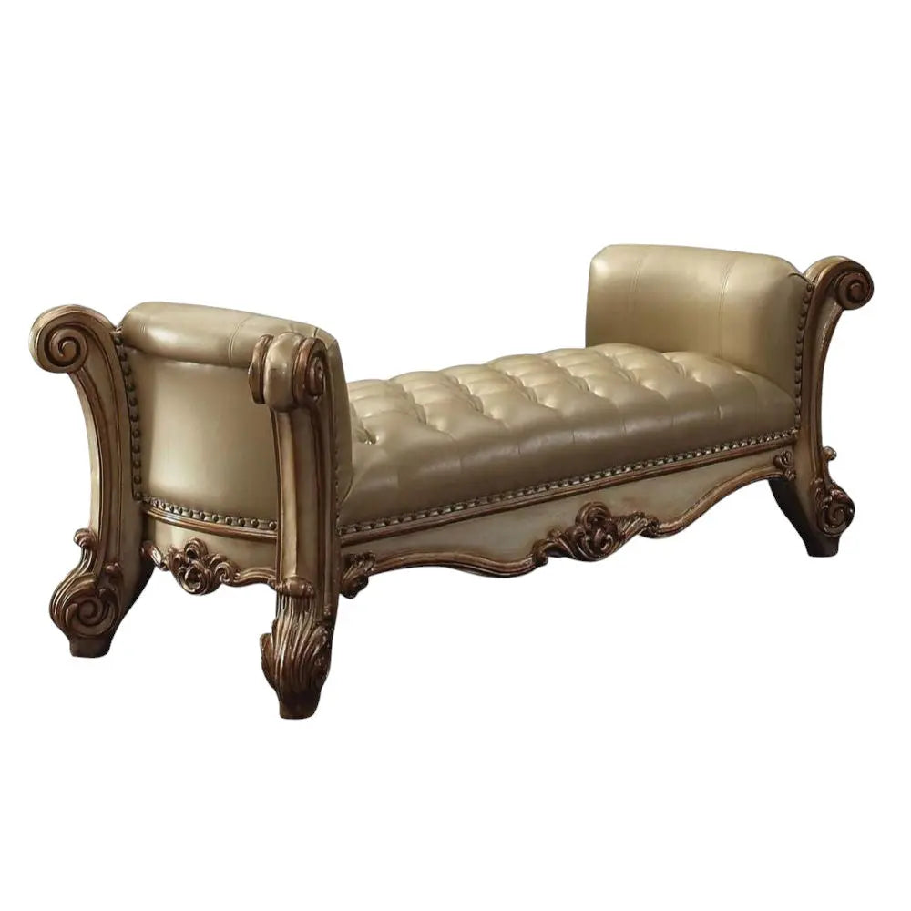 74" Bone and Gold Tufted Faux Leather Upholstered Bench Homeroots Living Room