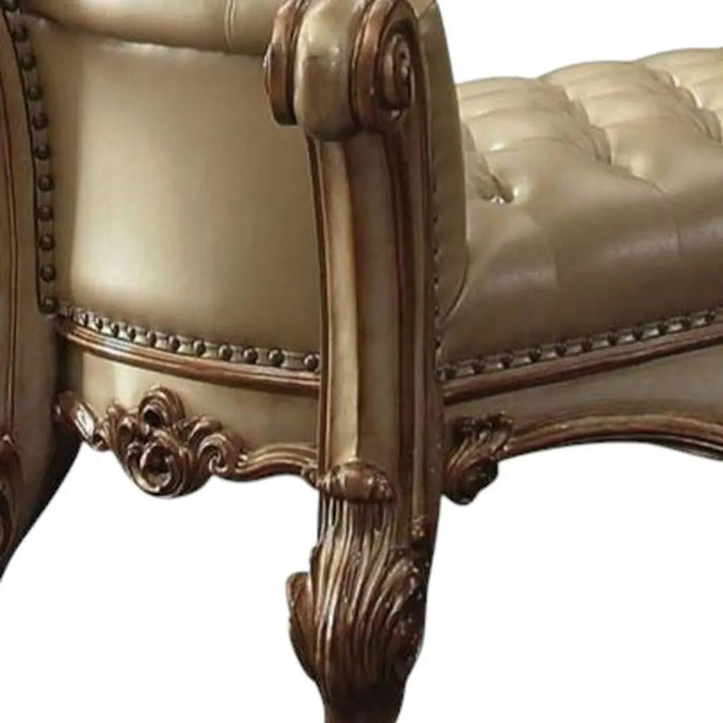 74" Bone and Gold Tufted Faux Leather Upholstered Bench Homeroots Living Room