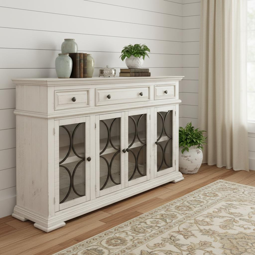 74" Ivory Solid and Manufactured Wood Distressed Credenza Homeroots Kitchen & Dining
