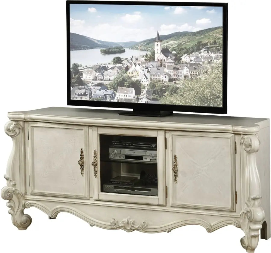 74" Off White Wood And Glass Carved Scrollwork Entertainment Center - GreatEagleInc