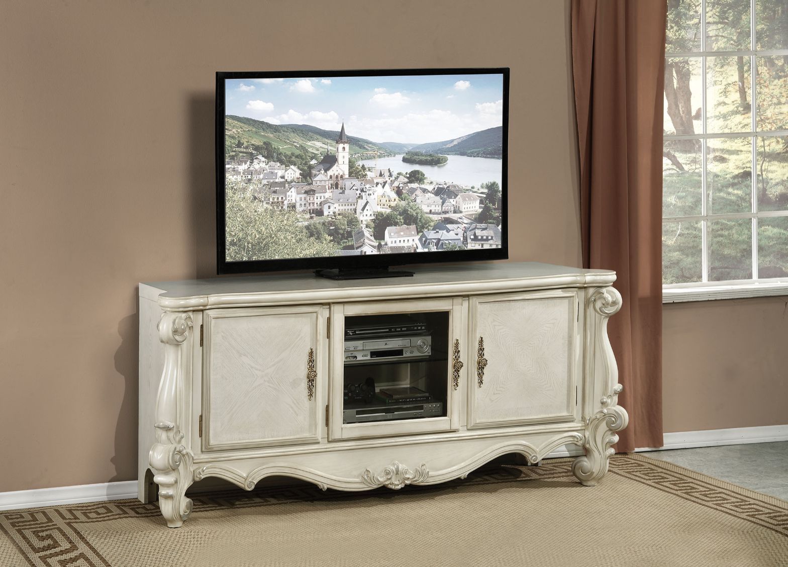 74" Off White Wood And Glass Carved Scrollwork Entertainment Center - GreatEagleInc