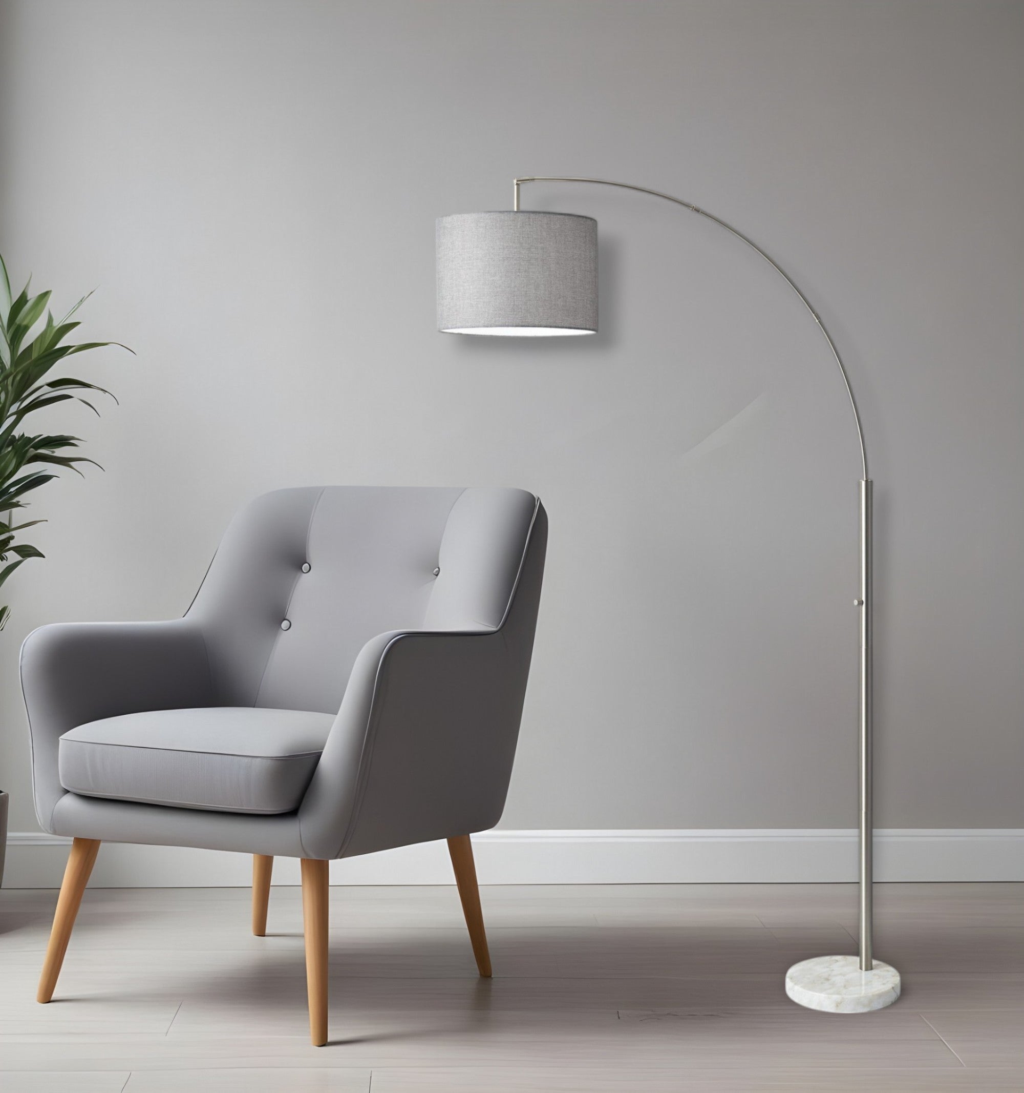 74" Silver Metal Arched Floor Lamp With Gray Linen Drum Shade - GreatEagleInc
