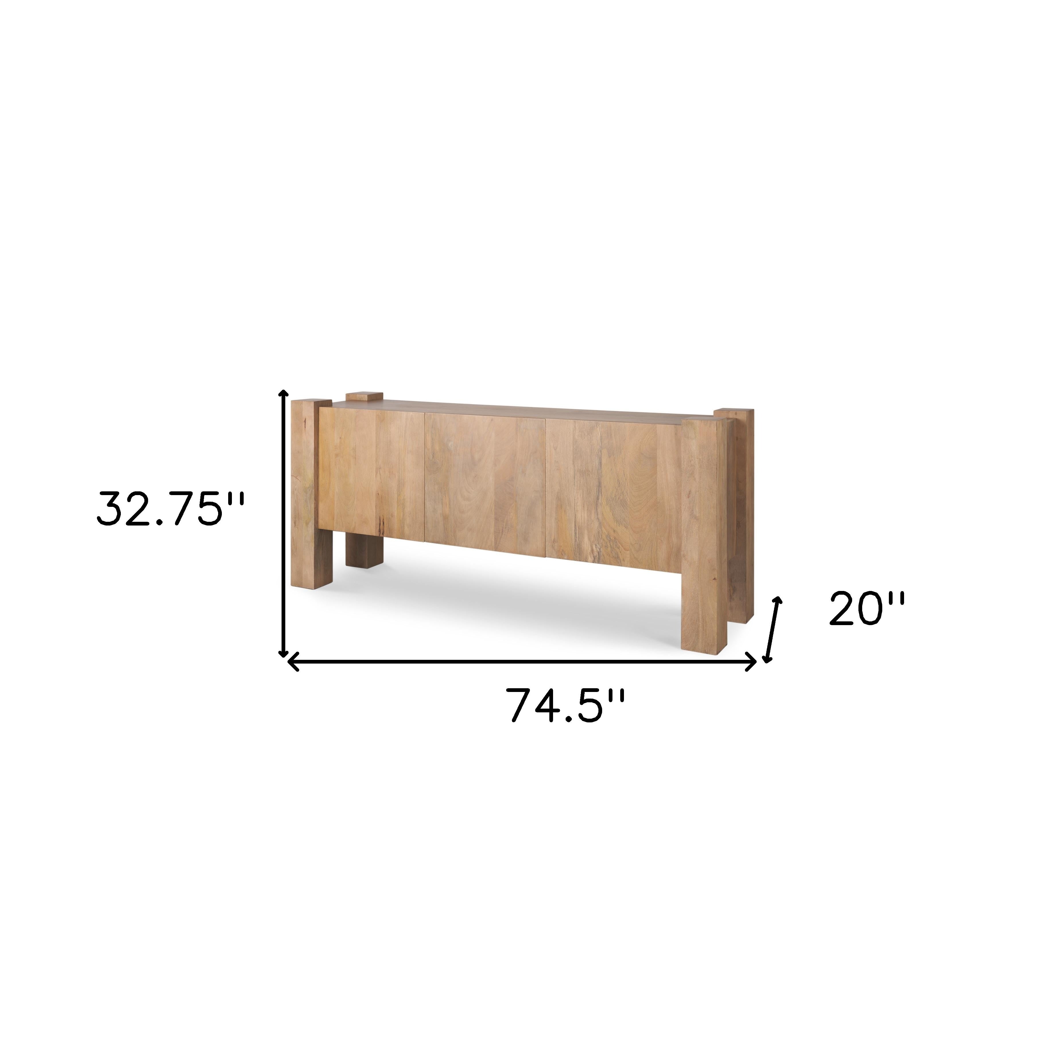75" Light Brown Solid Wood Sideboard Soft Close with Three Doors Homeroots Kitchen & Dining