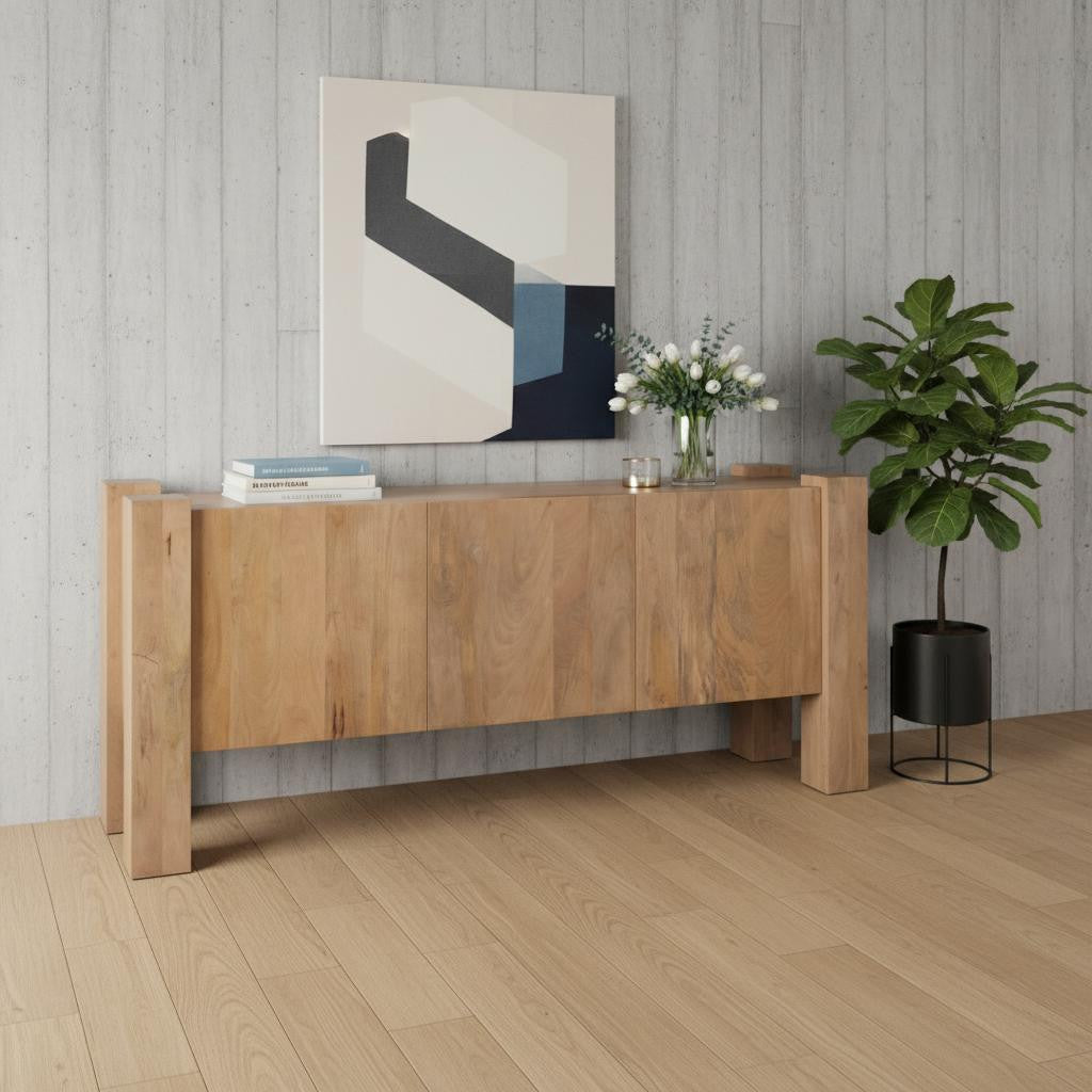 75" Light Brown Solid Wood Sideboard Soft Close with Three Doors Homeroots Kitchen & Dining