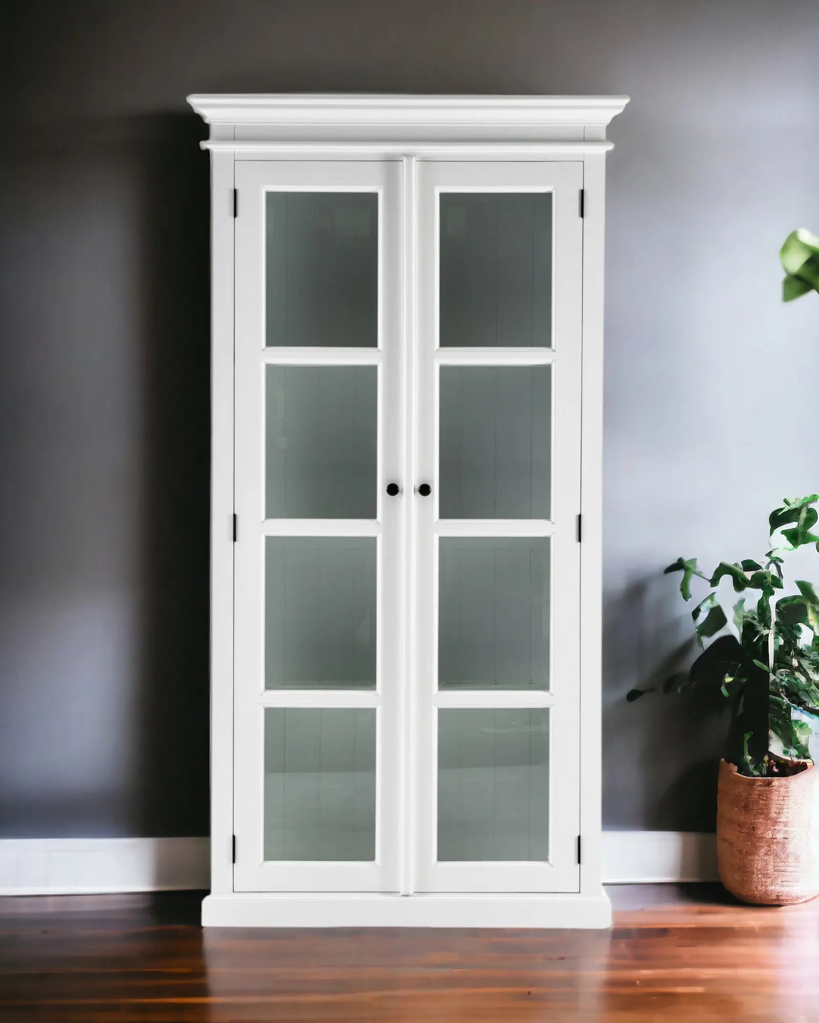 75" White Wood and Glass Double Door Storage Cabinet Homeroots Kitchen & Dining