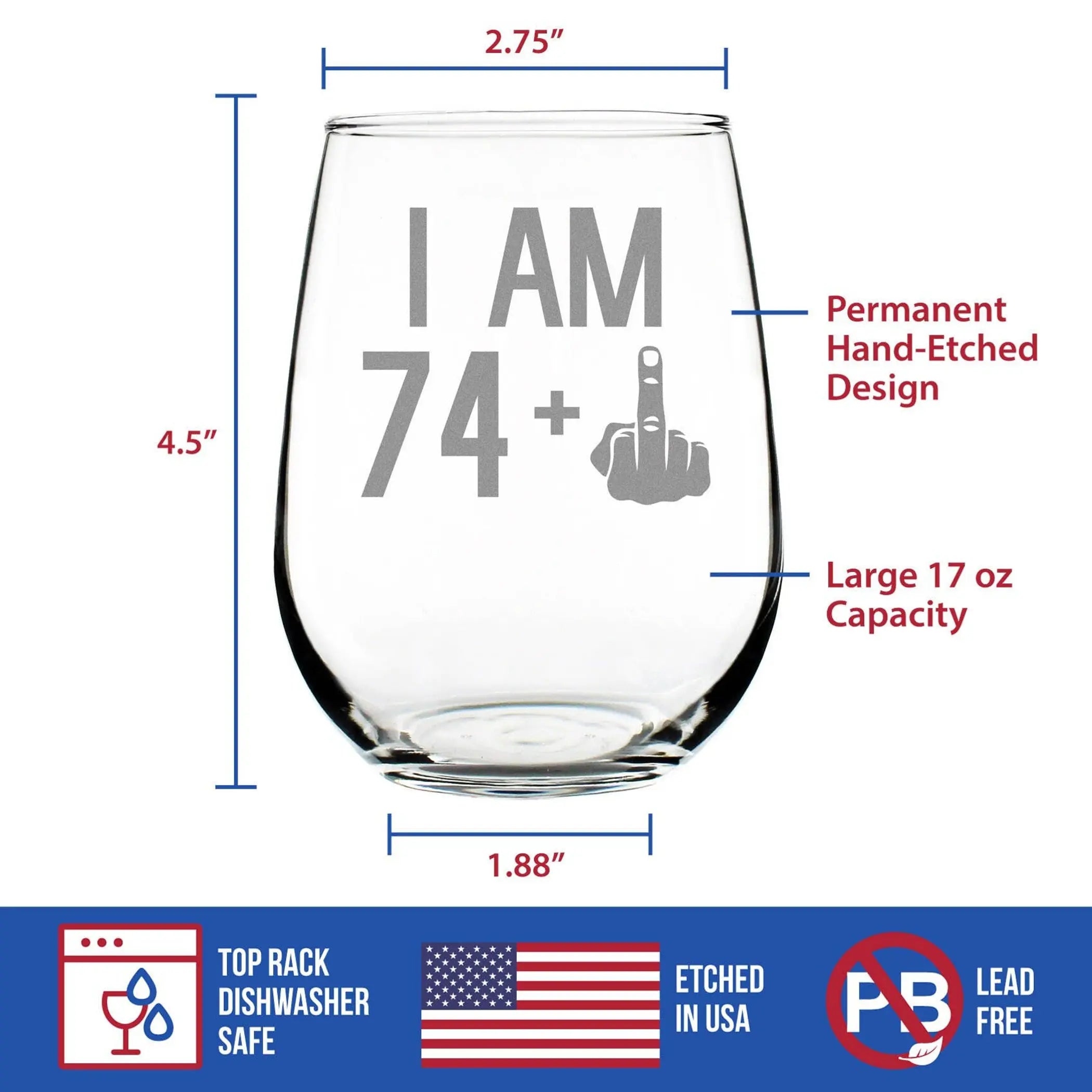 75th Birthday Gifts - 74 Middle Finger Stemless Wine Glass Bevvee