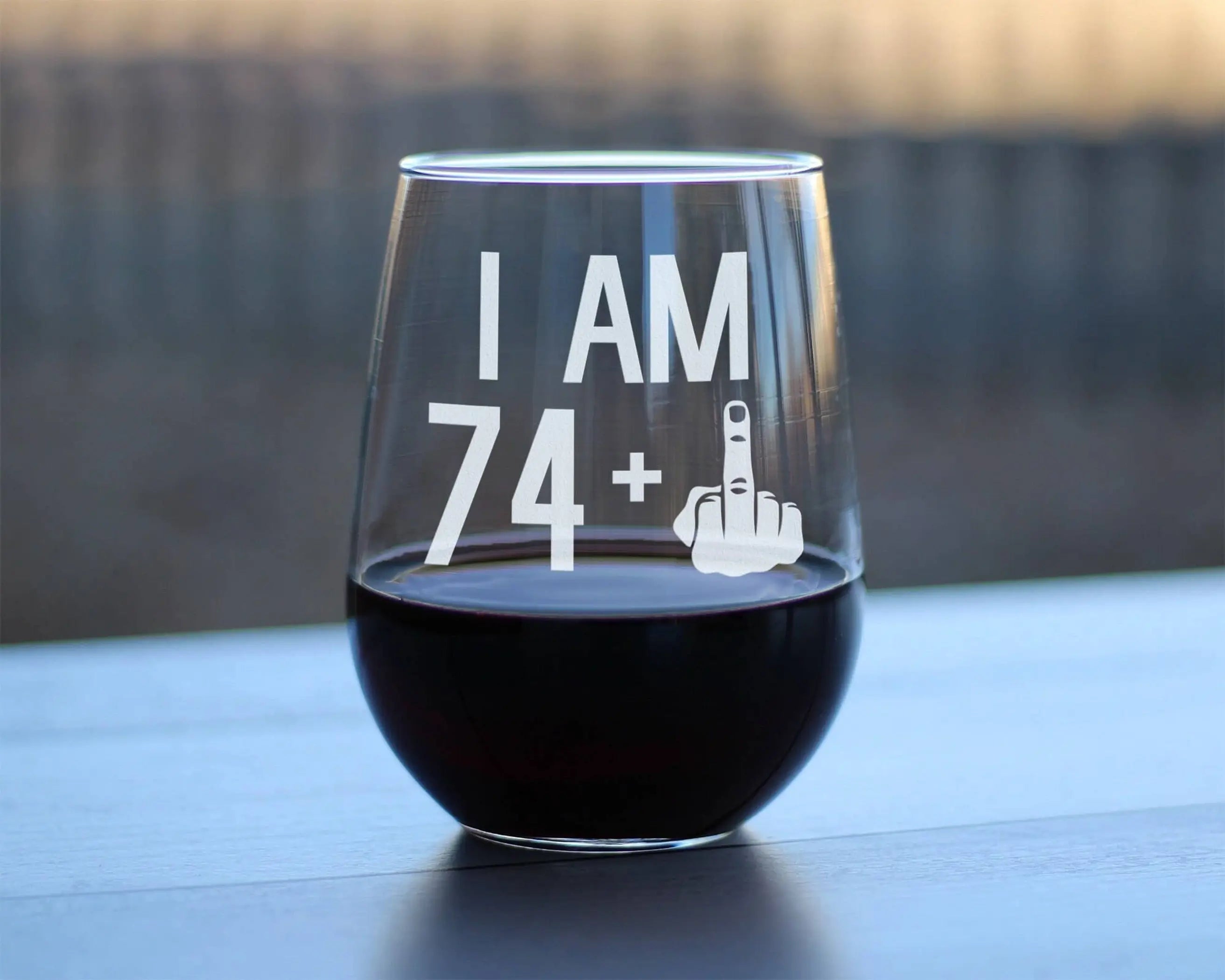 75th Birthday Gifts - 74 Middle Finger Stemless Wine Glass Bevvee