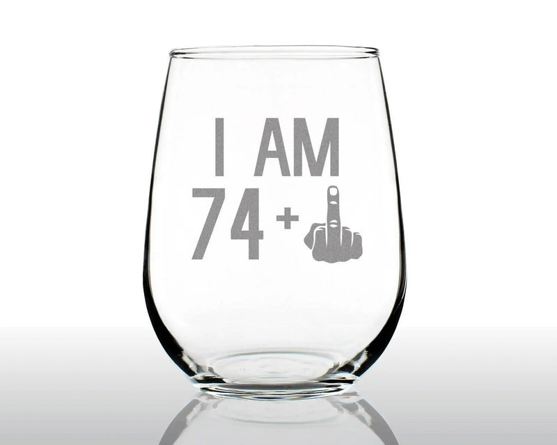 75th Birthday Gifts - 74 Middle Finger Stemless Wine Glass Bevvee