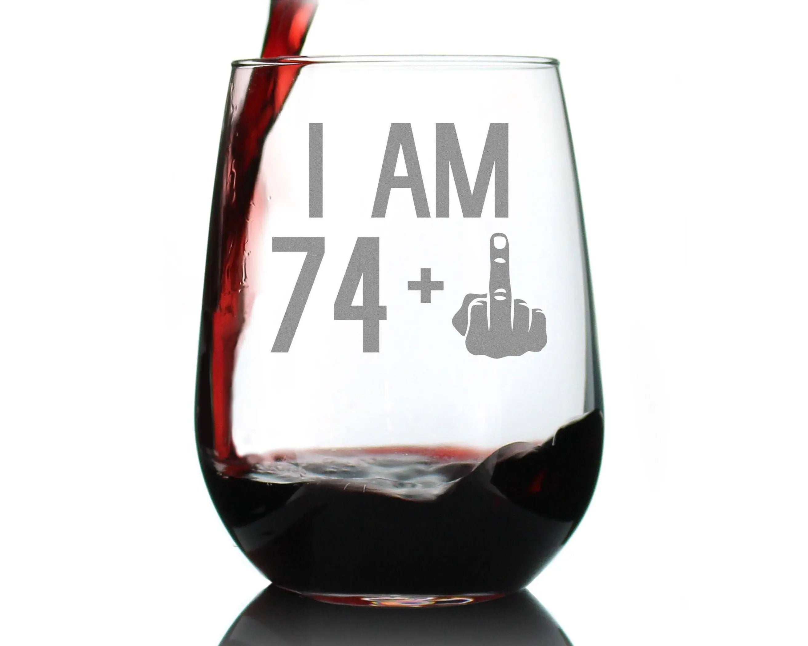 75th Birthday Gifts - 74 Middle Finger Stemless Wine Glass Bevvee