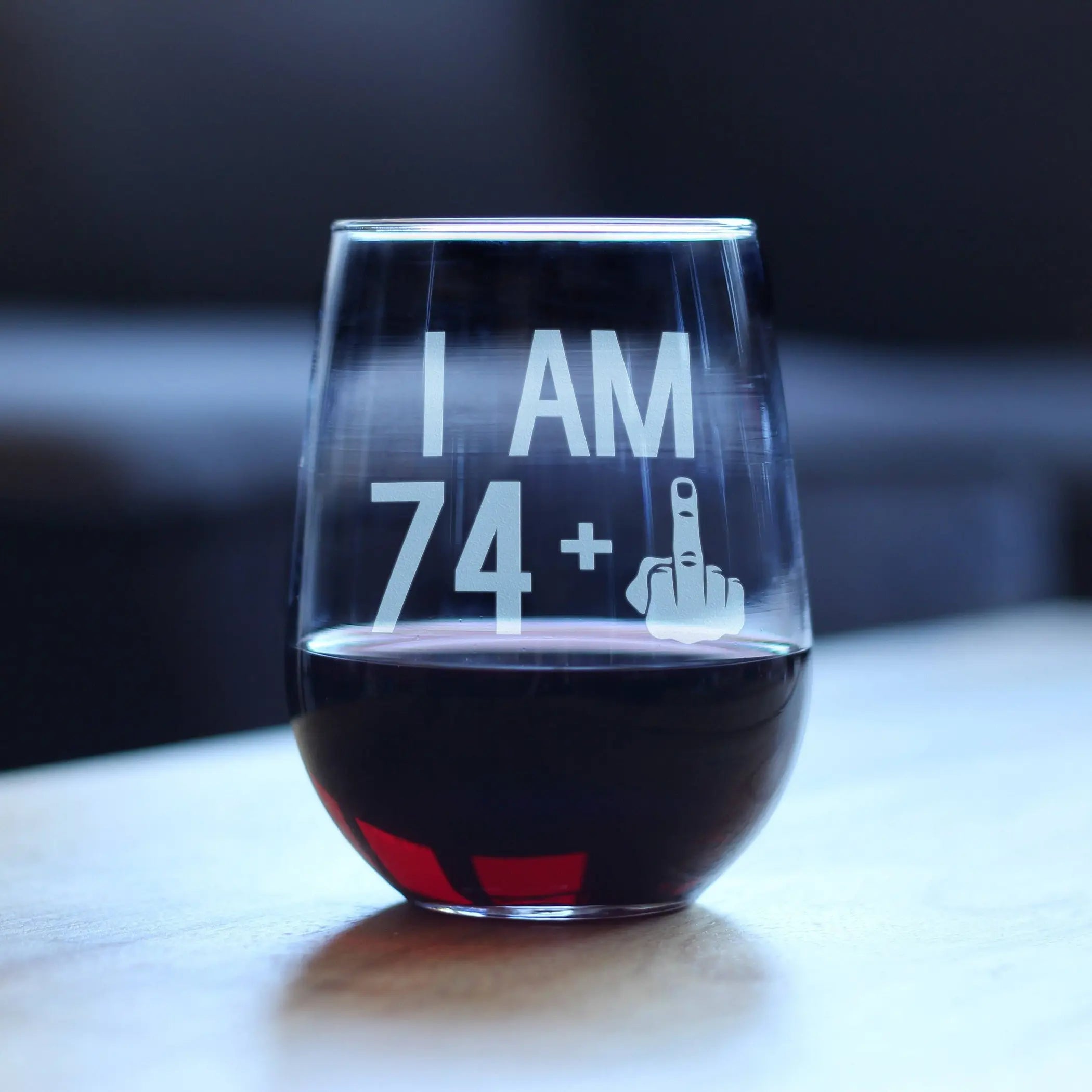 75th Birthday Gifts - 74 Middle Finger Stemless Wine Glass Bevvee
