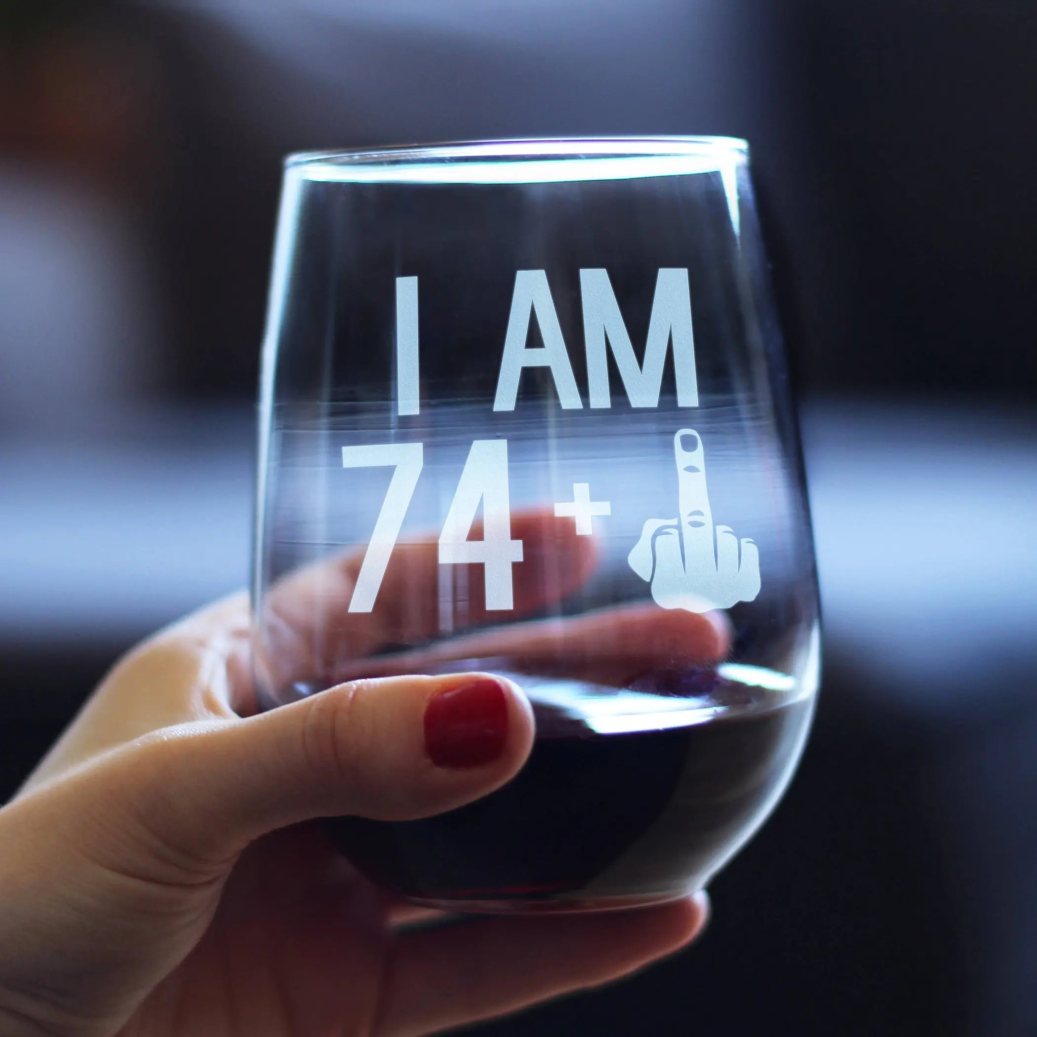 75th Birthday Gifts - 74 Middle Finger Stemless Wine Glass Bevvee