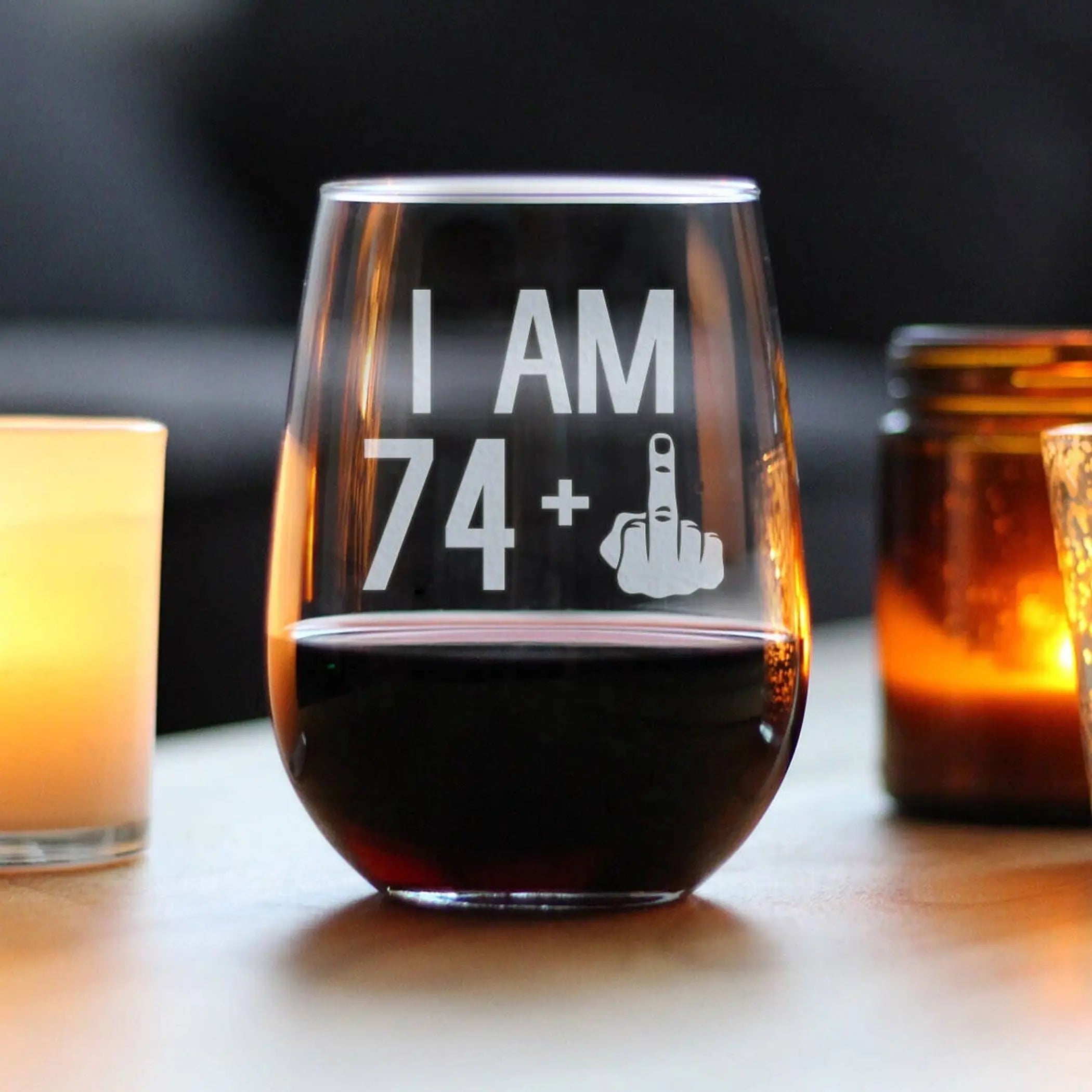 75th Birthday Gifts - 74 Middle Finger Stemless Wine Glass Bevvee