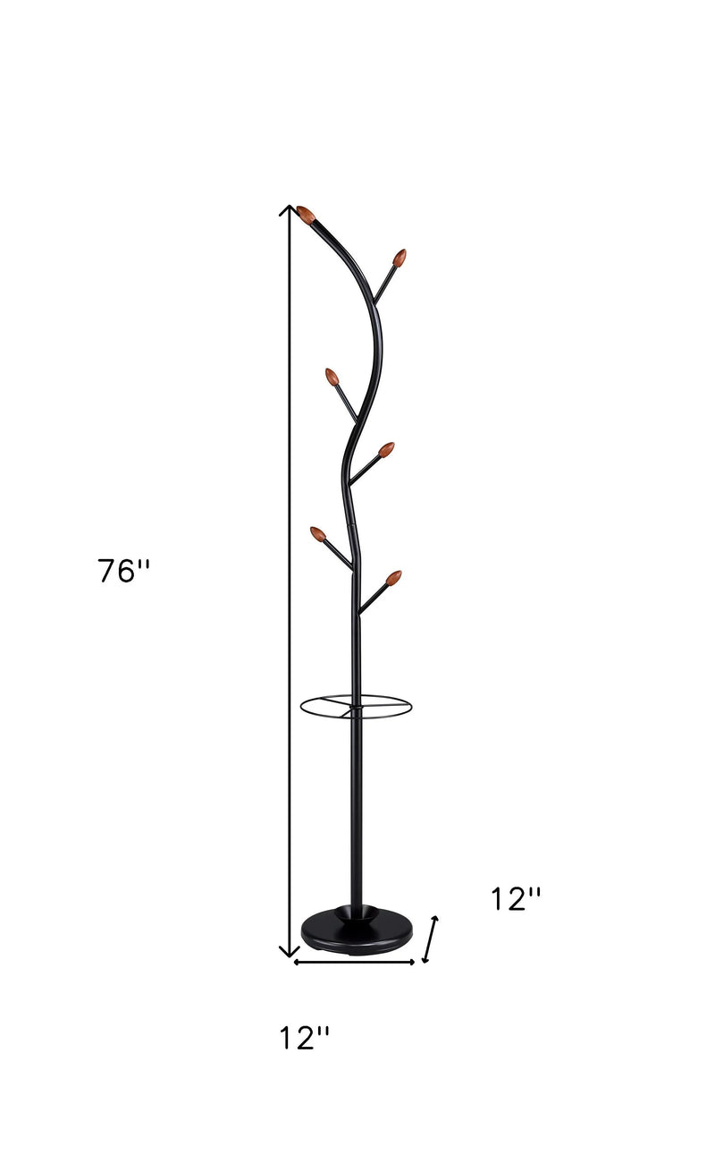 76-Inch-Long Billie Black Tree Coat Rack Walnut Hooks w Umbrella Stand Homeroots Organization