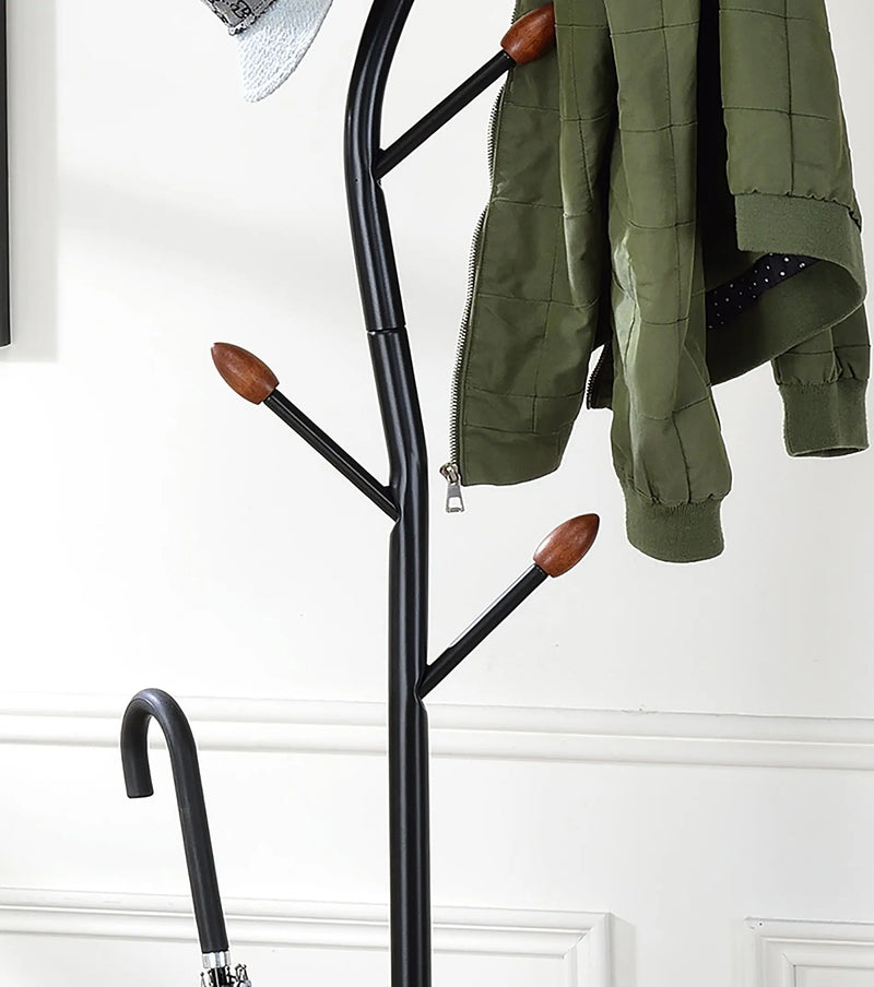 76-Inch-Long Billie Black Tree Coat Rack Walnut Hooks w Umbrella Stand Homeroots Organization