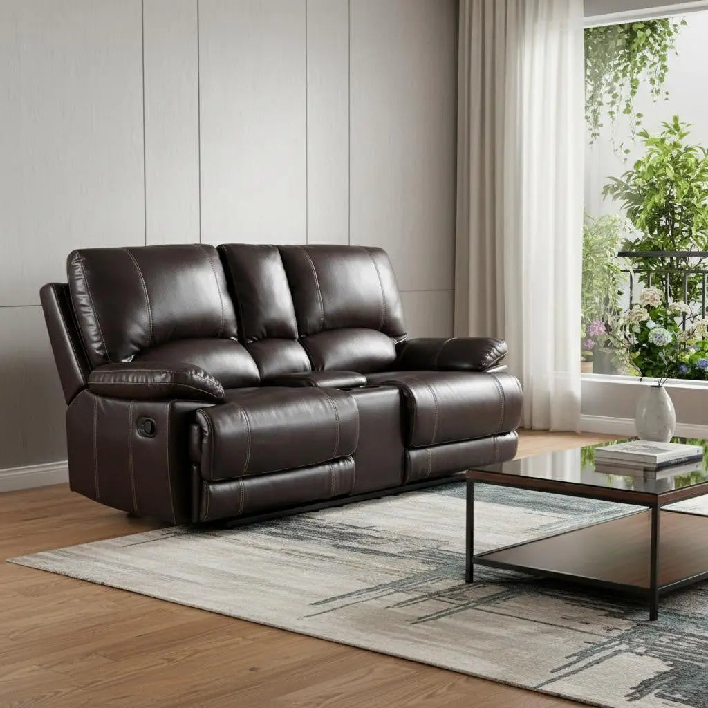 76" Brown Faux Leather Manual Reclining Love Seat With Storage Homeroots Living Room