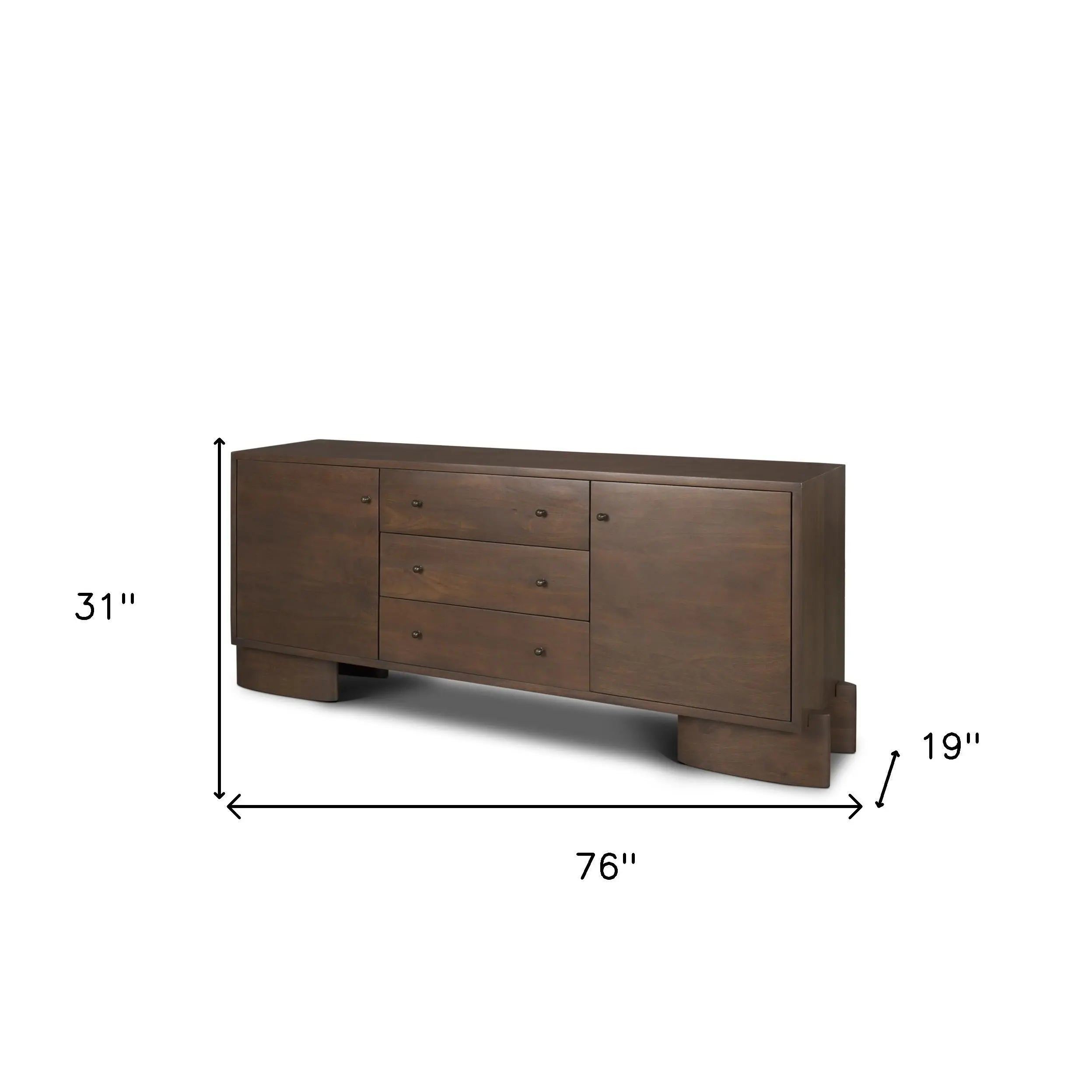 76" Brown Solid Wood Three Drawer Sideboard Soft Close with Two Doors Homeroots Kitchen & Dining