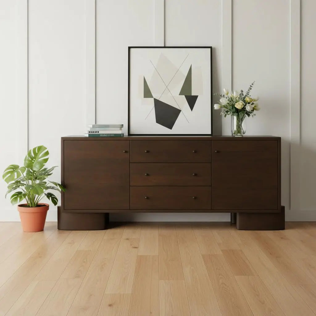 76" Brown Solid Wood Three Drawer Sideboard Soft Close with Two Doors Homeroots Kitchen & Dining