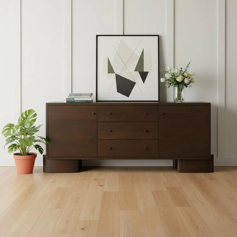76" Brown Solid Wood Three Drawer Sideboard Soft Close with Two Doors Homeroots Kitchen & Dining