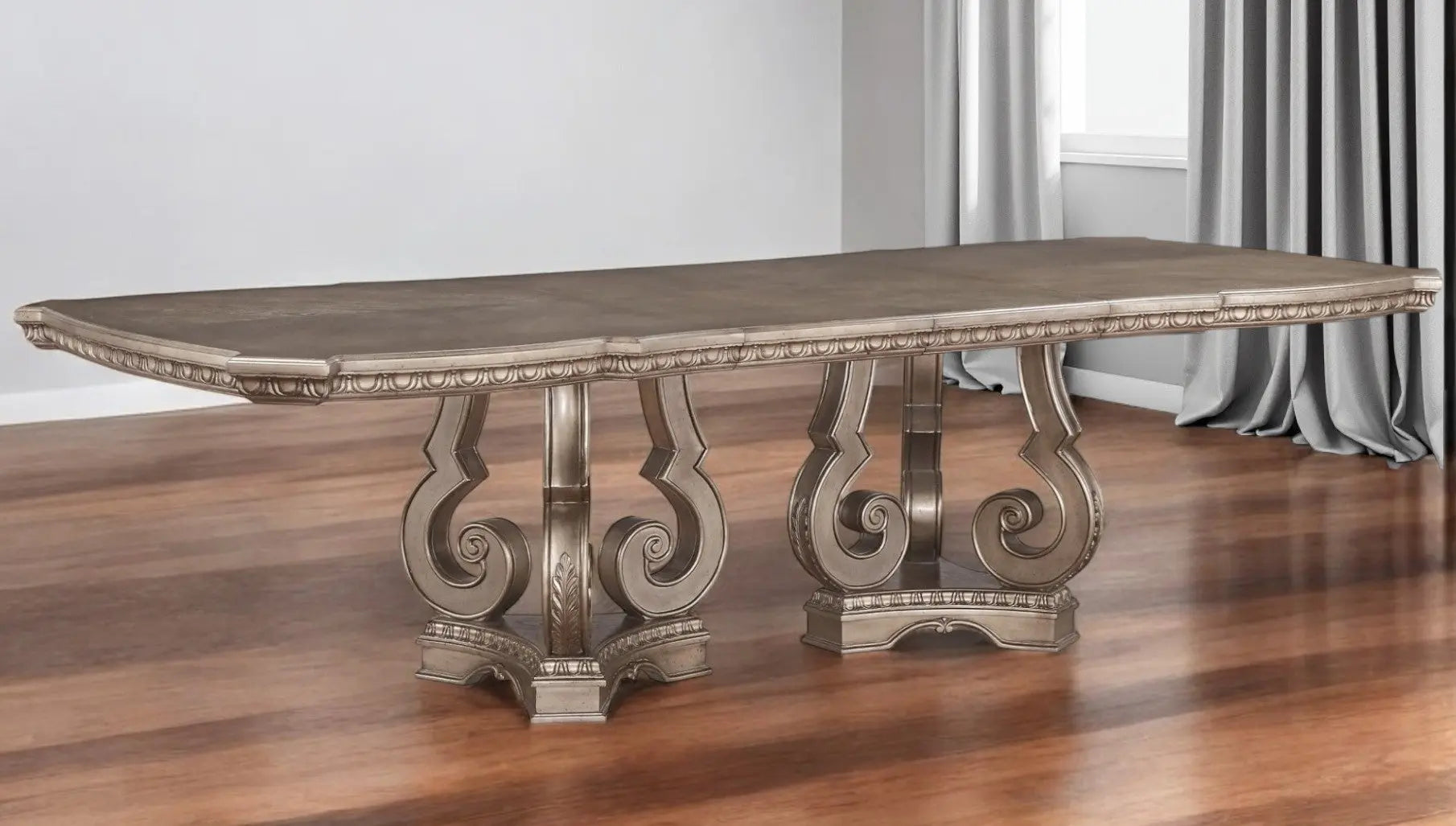 76" Champagne Solid Wood Double Pedestal Base Dining Table Homeroots Kitchen & Dining