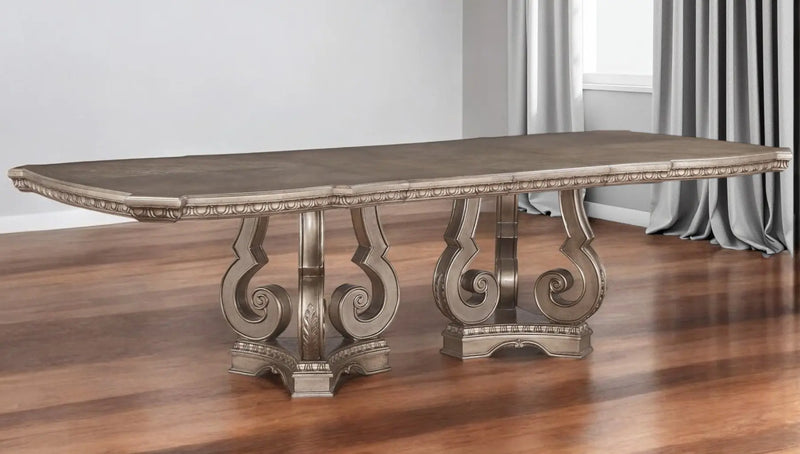 76" Champagne Solid Wood Double Pedestal Base Dining Table Homeroots Kitchen & Dining