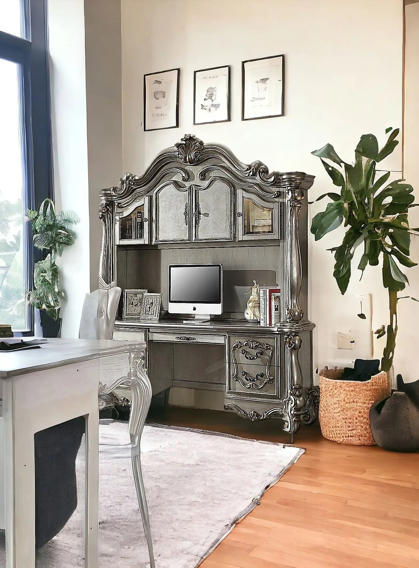 76" Platinum Solid Wood Peninsula Wall Mounted Computer Desk With Four Cabinets Five Drawers Homeroots Office